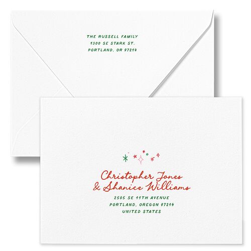 Happiest Hand Drawn Border Holiday Card Euro Envelopes White Scarlet Both Recipient and Return Addresses Luxe Signature
