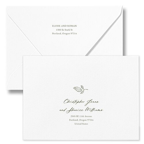 Vintage Botanical Sketch Bridal Shower Invitation Euro Envelopes White Dark Camo Both Recipient and Return Addresses Luxe Signature