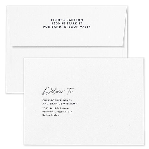 Scripted Arch Save The Date Card Envelopes Navy White Both Recipient and Return Addresses Signature Standard