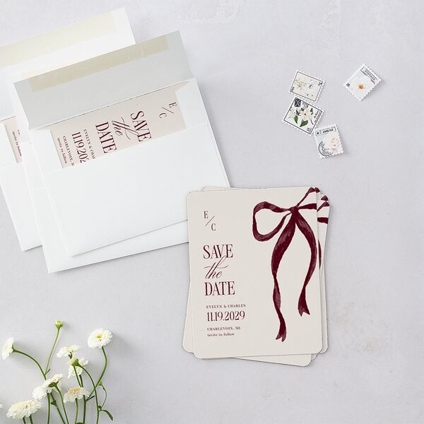 Whimsical Hand Drawn Bow Save The Date Magnets Burgundy Magnet Paper