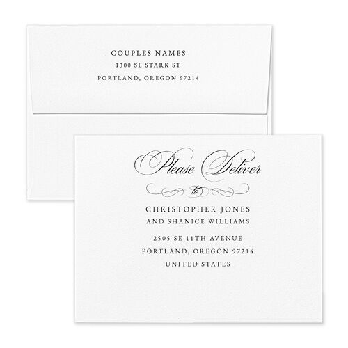 Vintage Flourish Save the Date Petite Card Envelopes Silver Shimmer Standard Pure White Both Recipient and Return Addresses Signature