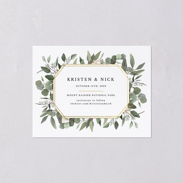 Eucalyptus Frame Save the Date Petite Cards Pure White Signature smooth Blank No Standard