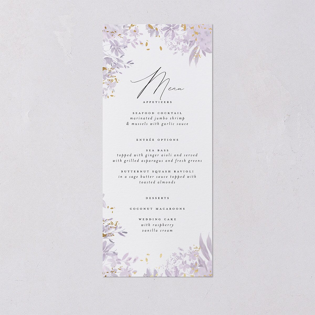 Monochrome Blooms Menus Gold Sheer Lilac Signature