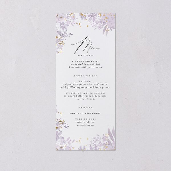 Monochrome Blooms Menus Gold Sheer Lilac Signature
