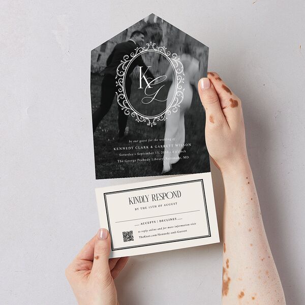 Maximalist Photo Crest All-in-One Wedding Invitations Linen Signature Light Both Recipient and Return Addresses No