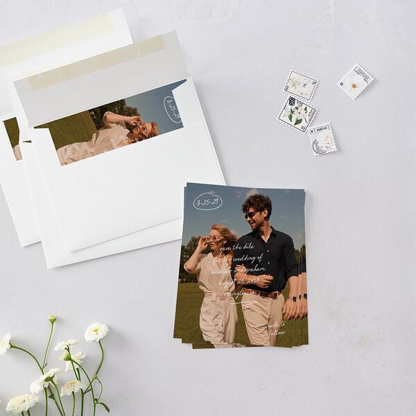 Sunny Day Modern Script Save the Date Petite Cards Pure White Signature smooth Blank Standard No