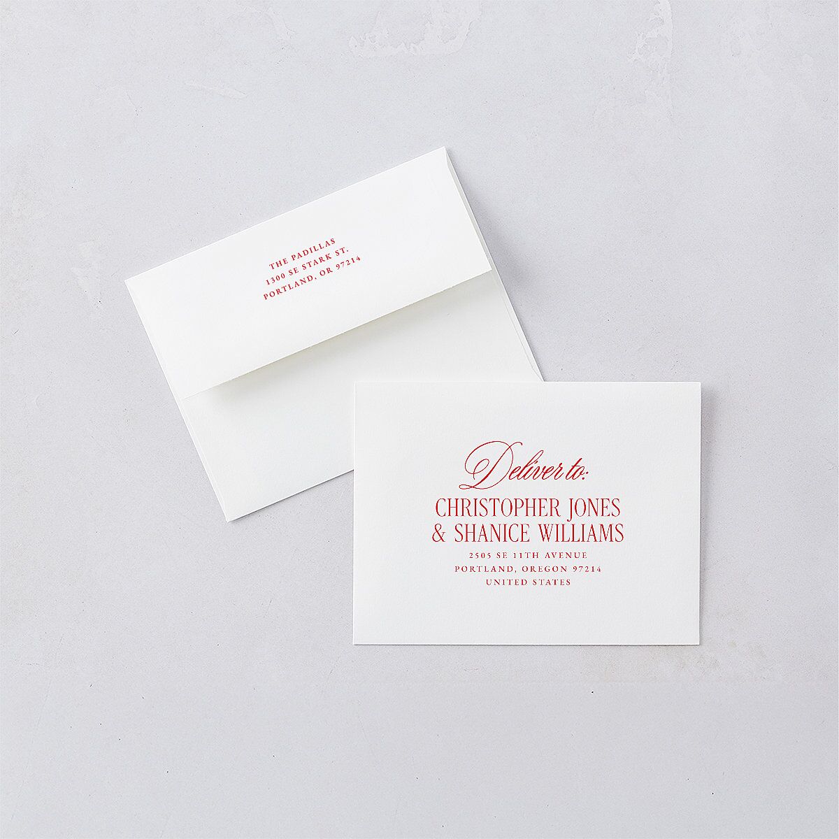Retro Classic Newlywed Photo Thank You Card Envelopes White Scarlet Both Recipient and Return Addresses Signature Standard
