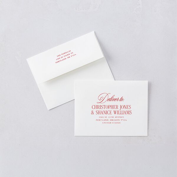 Retro Classic Newlywed Photo Thank You Card Envelopes White Scarlet Both Recipient and Return Addresses Signature Standard