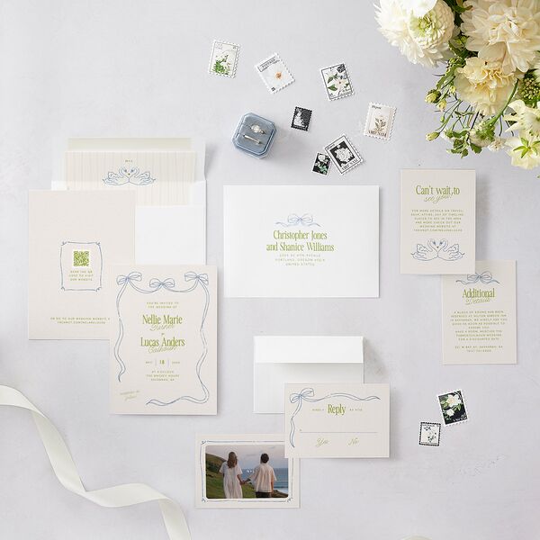 Modern Delicate Bows Wedding Invitations Peridot Signature Blank Standard No