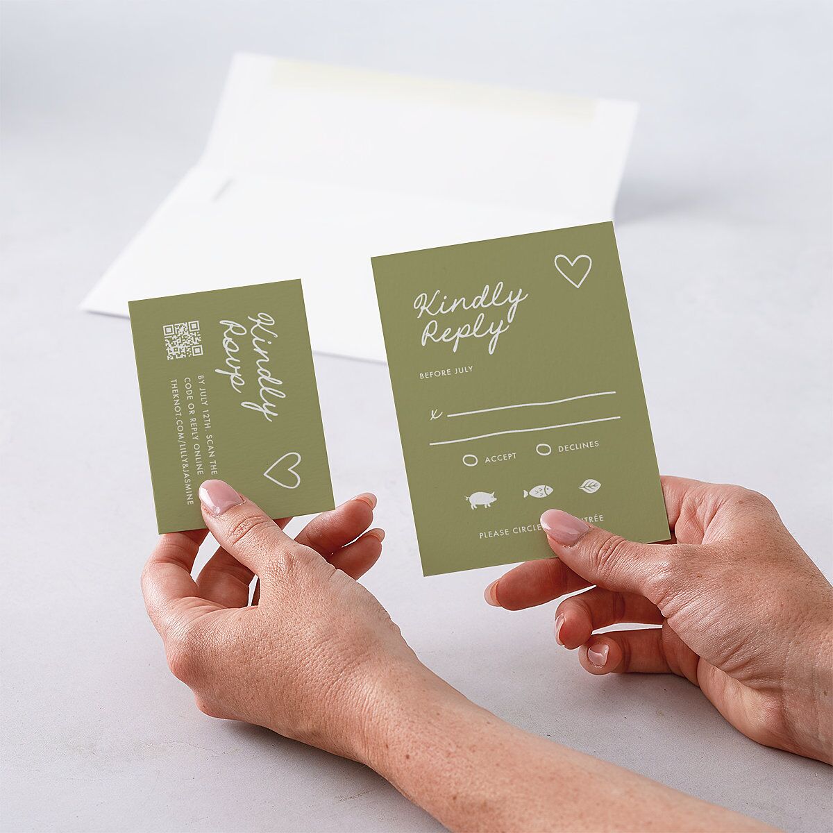 Hand Drawn Heart Photo QR Code RSVP Cards Moss Signature Standard