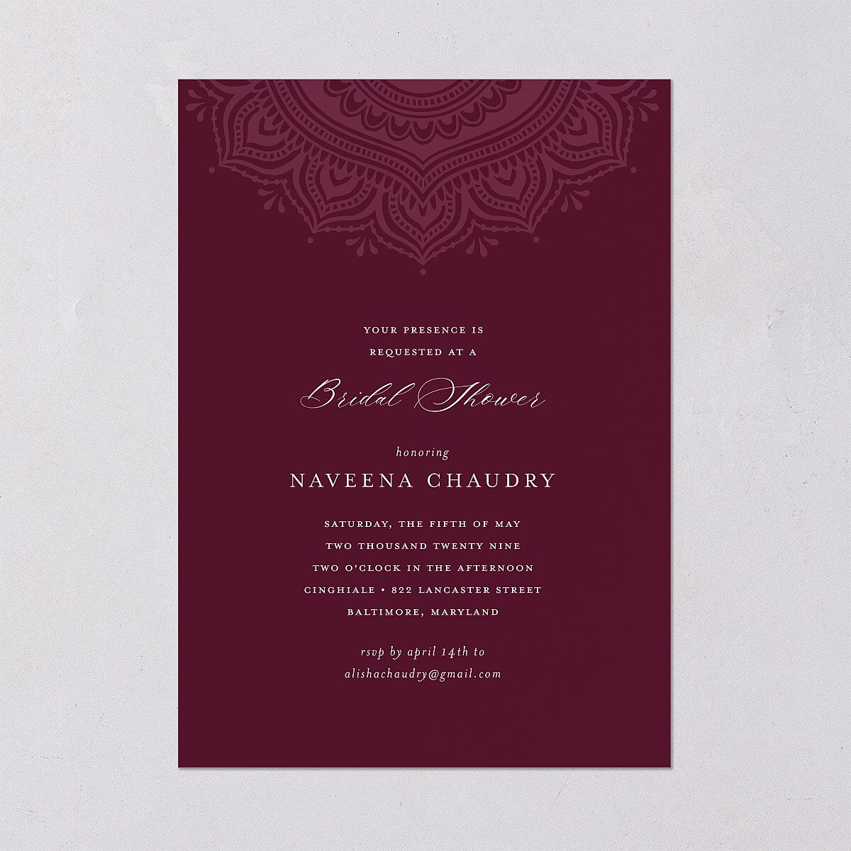 Gilded Adornment Bridal Shower Invitations Burgundy Signature Blank Standard