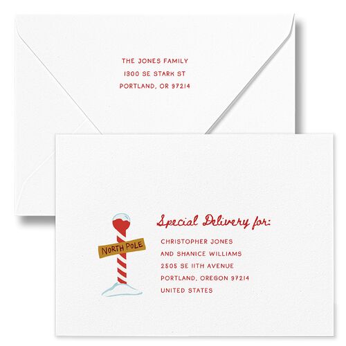 Letters to Santa Baby Announcement Holiday Card Euro Envelopes White Pink Cotton Both Recipient and Return Addresses Luxe Signature