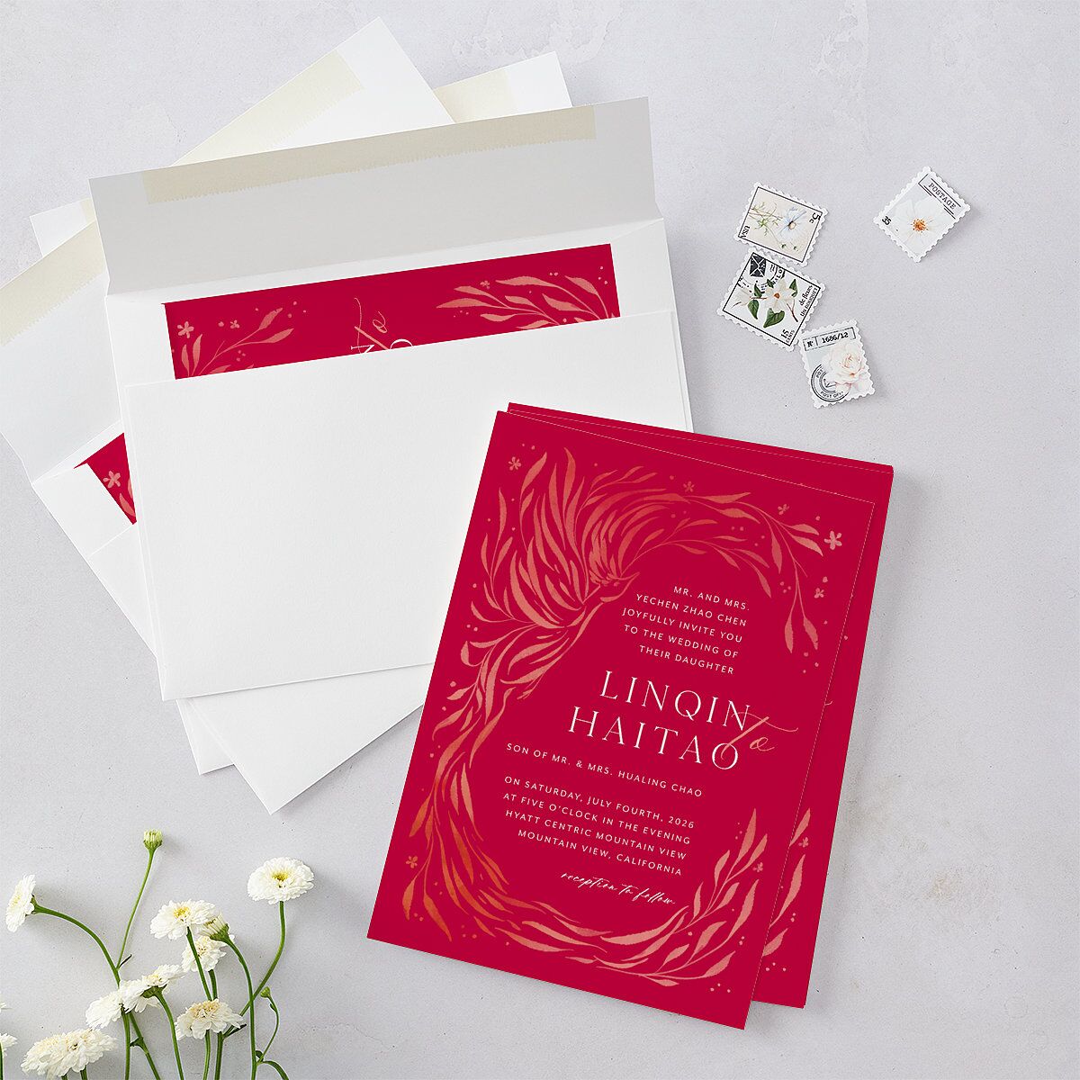 Chinese Phoenix Fenghuang Wedding Invitations Crimson Signature Blank No Standard