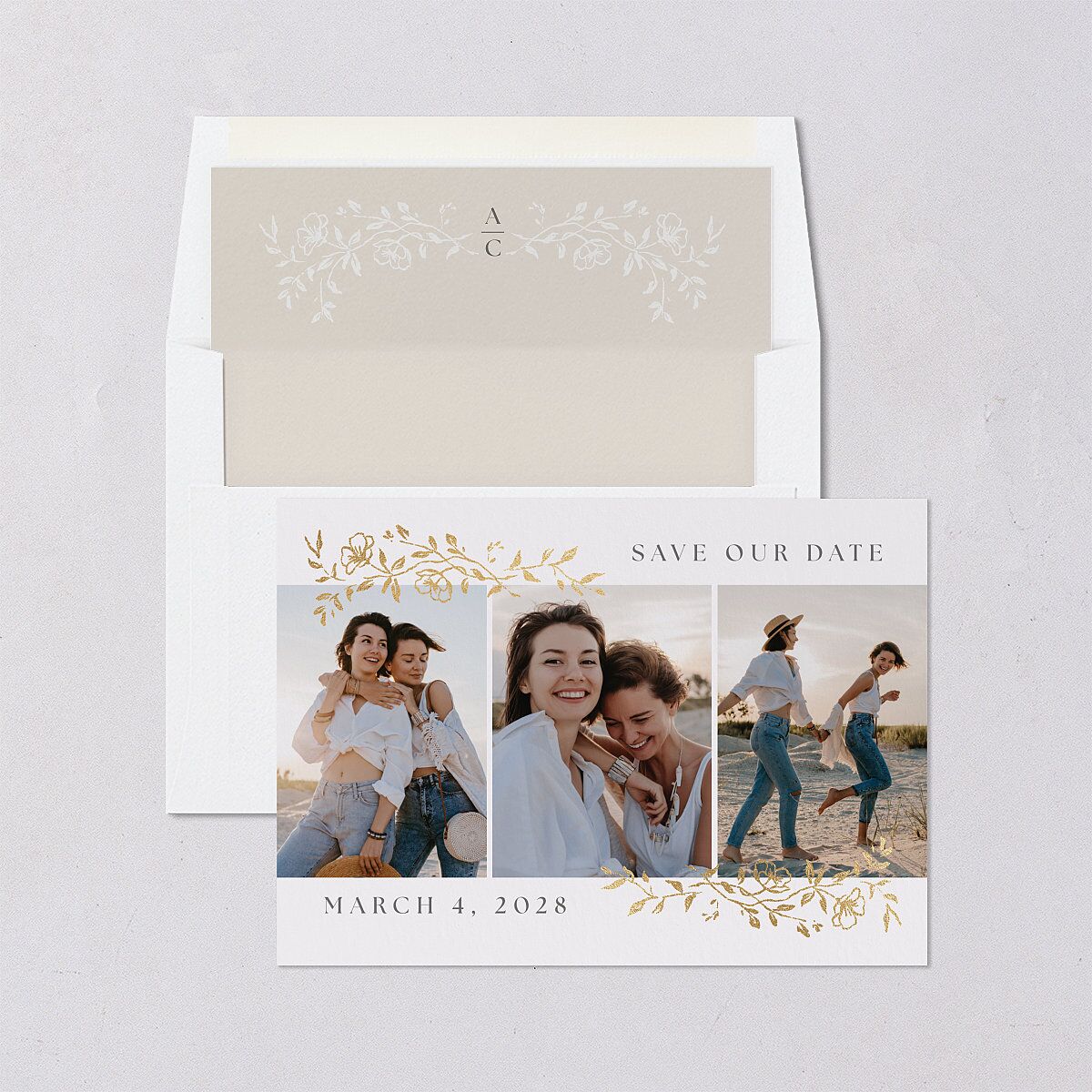 Gilded Branches Save the Date Cards Gold Off-White Signature smooth Blank No Standard