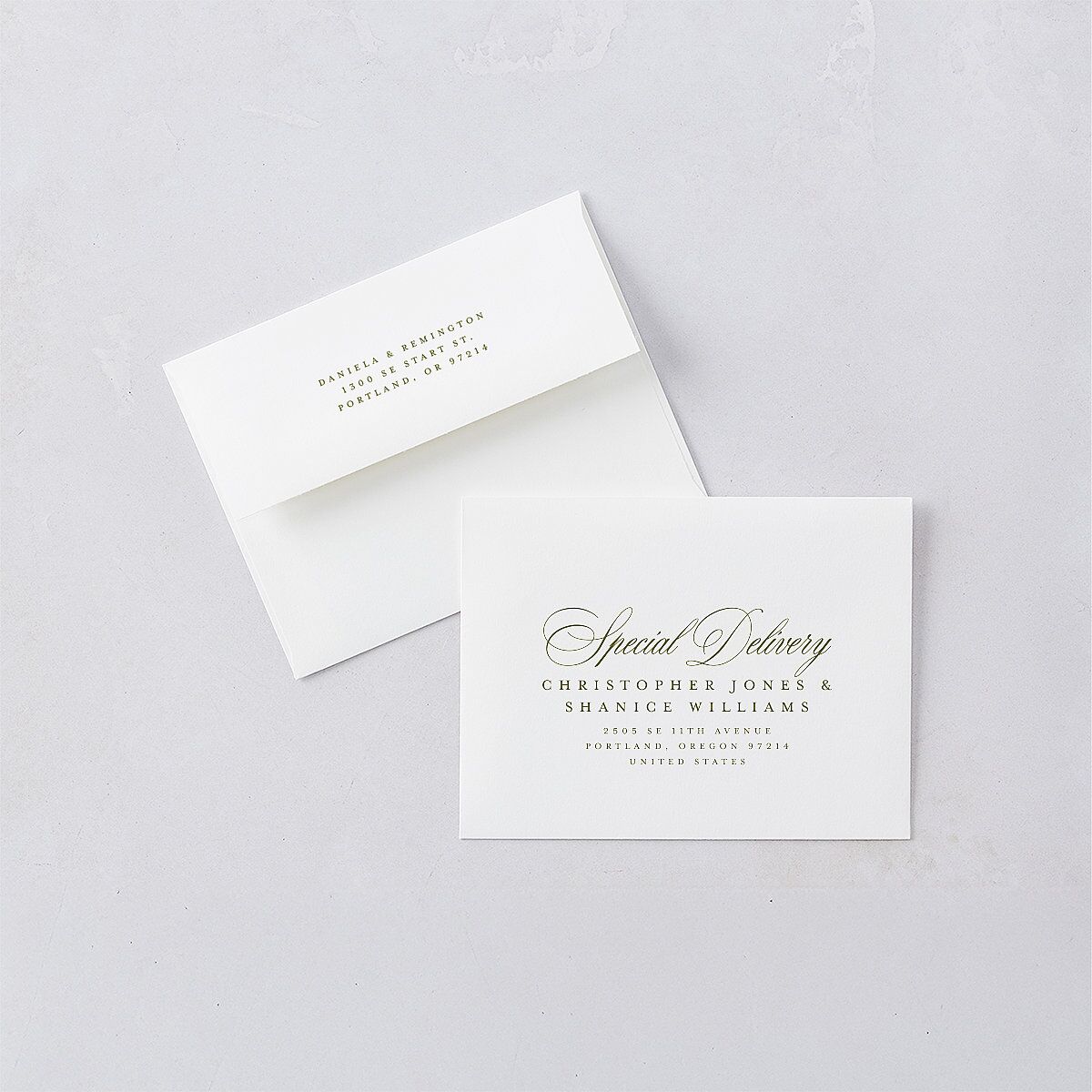 Modern Classic Picture Landscape Save the Date Magnet Envelopes White Olive Both Recipient and Return Addresses Signature Standard