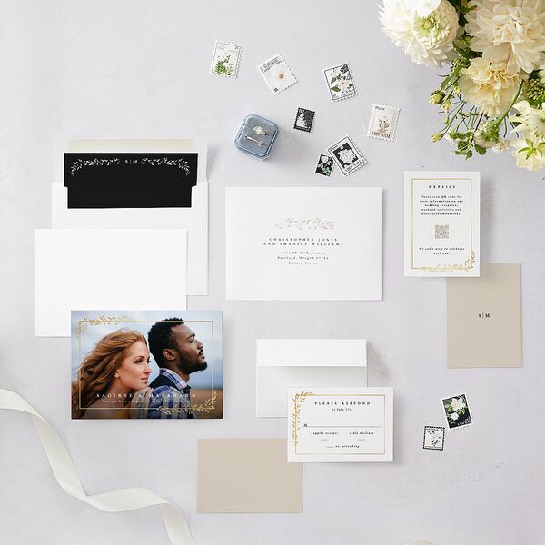 Delicate Frame Save the Date Cards Gold Pure White Signature smooth Blank No Standard