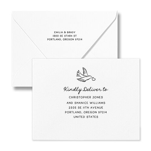 Vintage Lovebird Banner Thank You Card Euro Envelopes White Linen Both Recipient and Return Addresses Luxe Signature