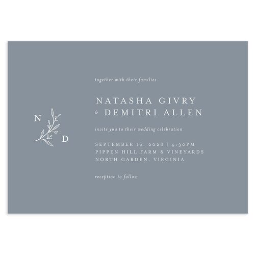 Botanical Monogram Wedding Invitations Dusty Blue Signature Blank No Standard