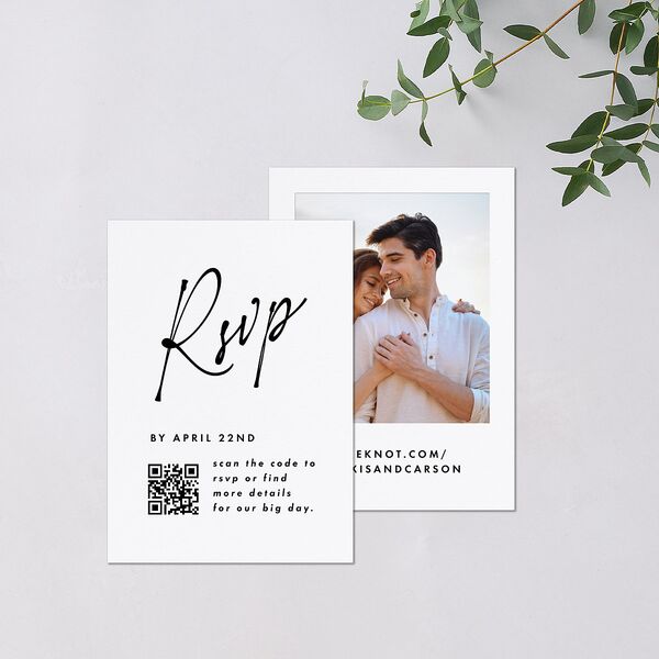 Elegant Modern Portrait Script QR Code RSVP Cards Pure White Signature Standard