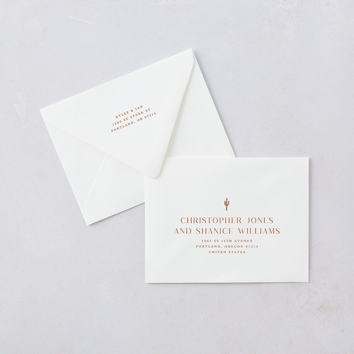 Western Desert Cactus Save the Date Magnet Euro Envelopes Terracotta White Both Recipient and Return Addresses Luxe Signature