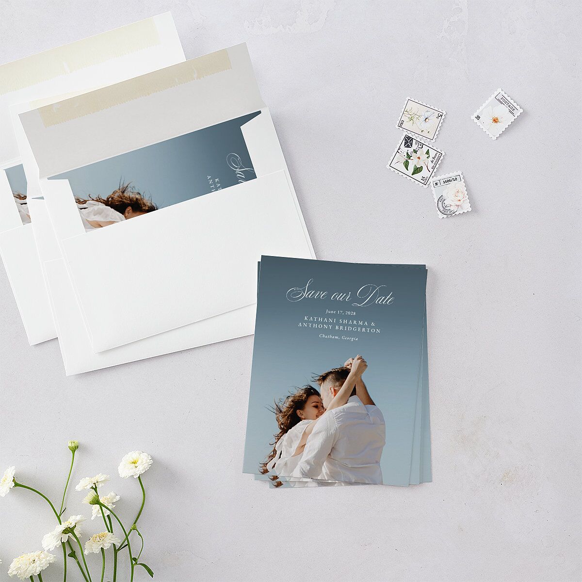 Glamorous Regency Garden Save the Date Petite Cards by Bridgerton Sage Signature smooth Blank No Standard