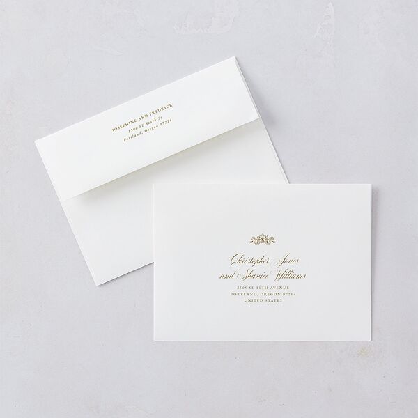 Black Tie Crest Wedding Invitation Envelopes White Umber Both Recipient and Return Addresses Standard Signature