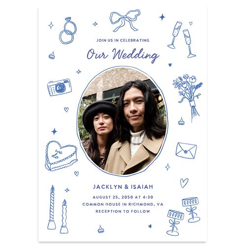 Hand Drawn Wedding Icons Photo Wedding Invitations French Blue Signature Blank No Standard