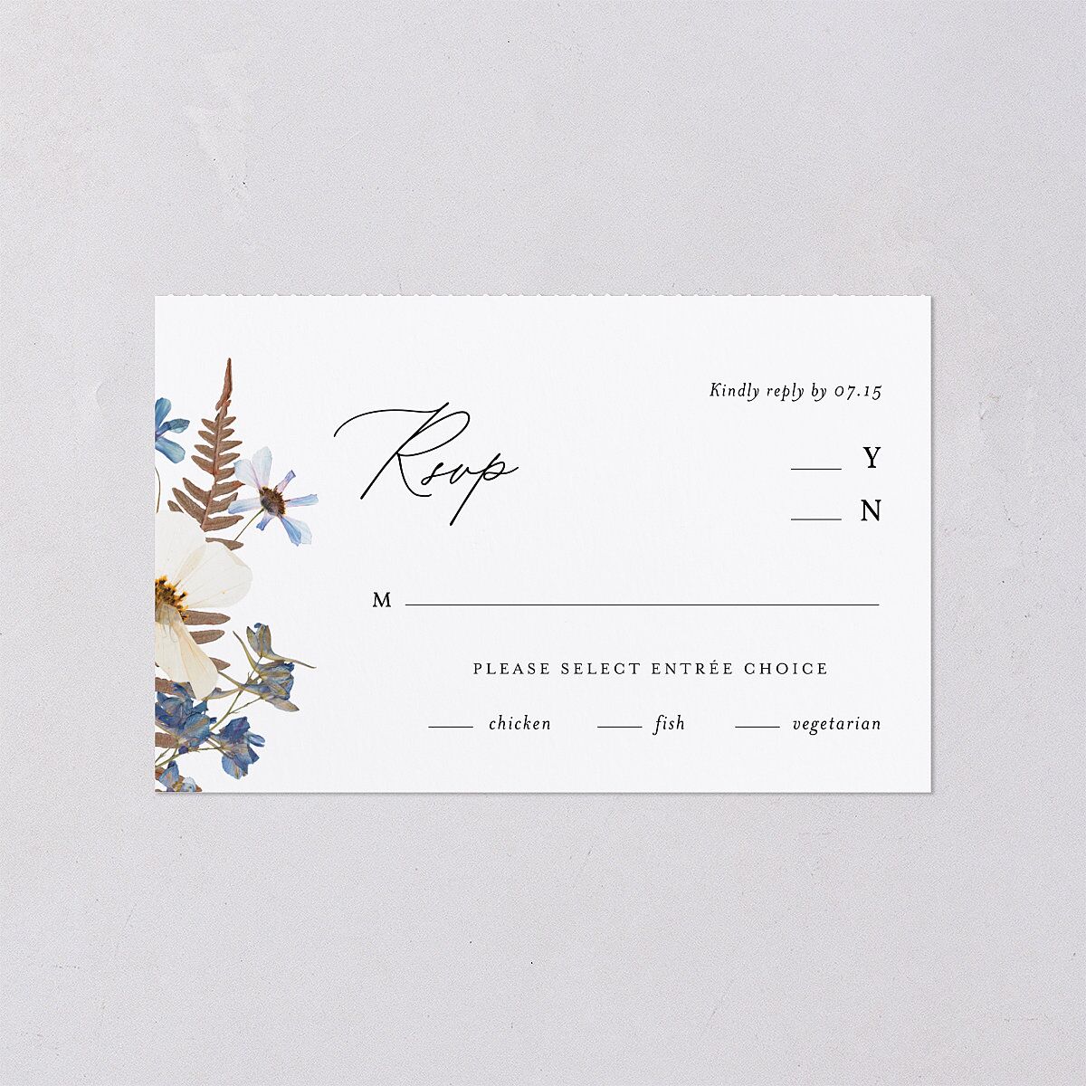 Pressed Flowers All-in-One Wedding Invitations Regency Blue Signature Light Both Recipient and Return Addresses No