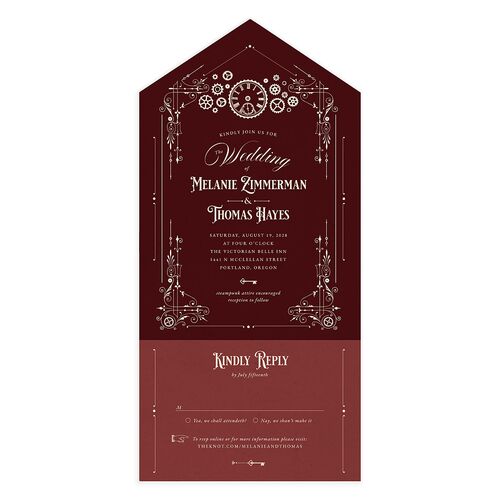 Steampunk Vintage All-in-One Wedding Invitations Burgundy Signature Light Both Recipient and Return Addresses No