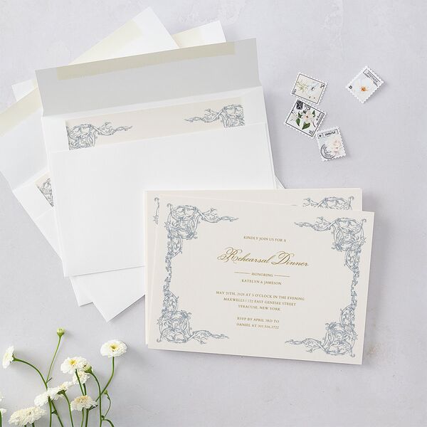Romantic Rococo Rehearsal Dinner Invitations Dusty Blue Signature Blank Standard
