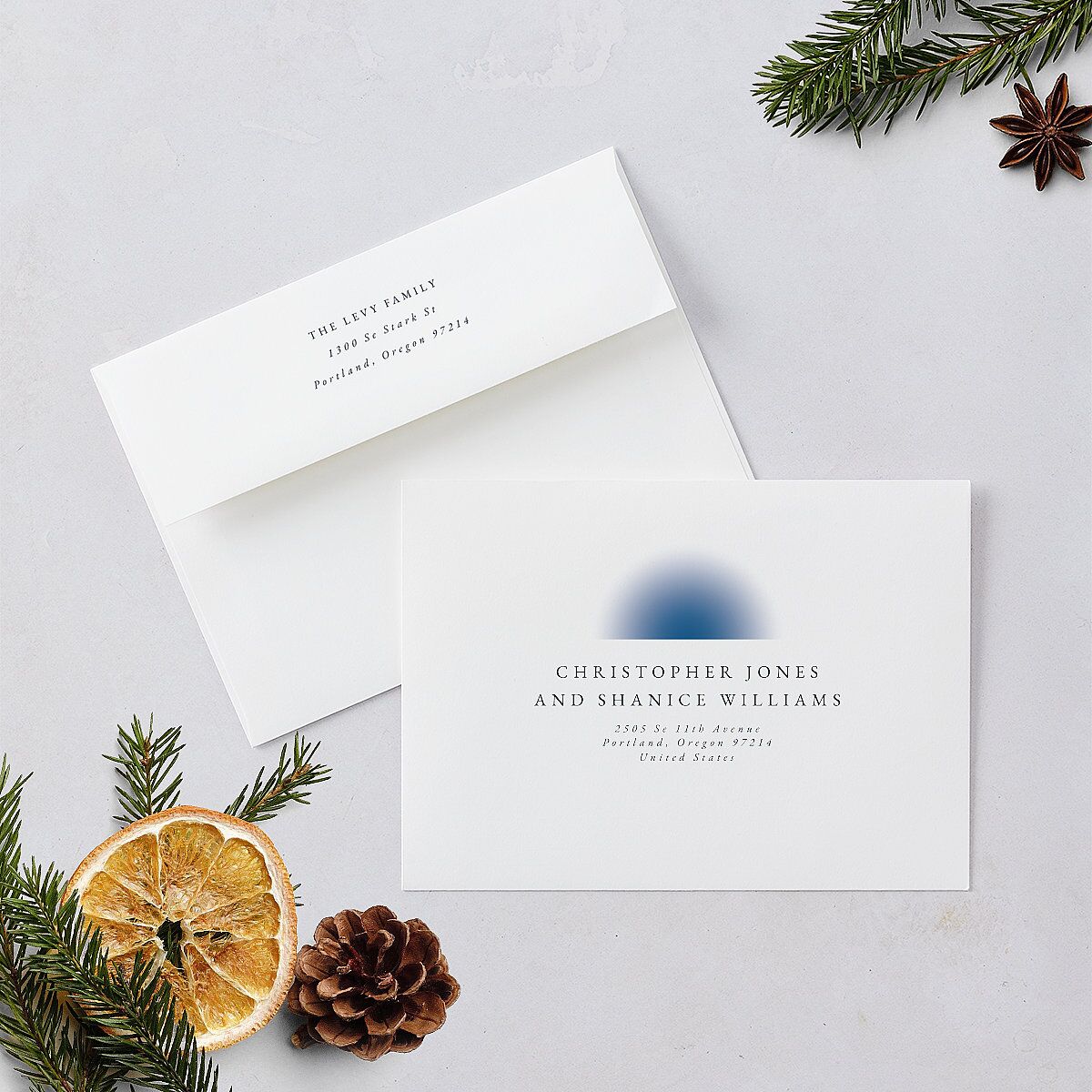 Hanukkah Hues Holiday Card Envelopes White Navy Both Recipient and Return Addresses Standard Signature