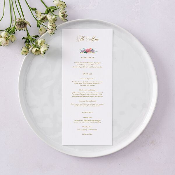 Glamorous Regency Garden Menus by Bridgerton Pure White Signature