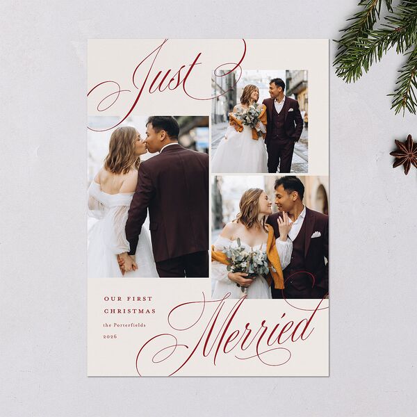 Classic Just Merried Script Holiday Cards Ruby Signature Blank Standard