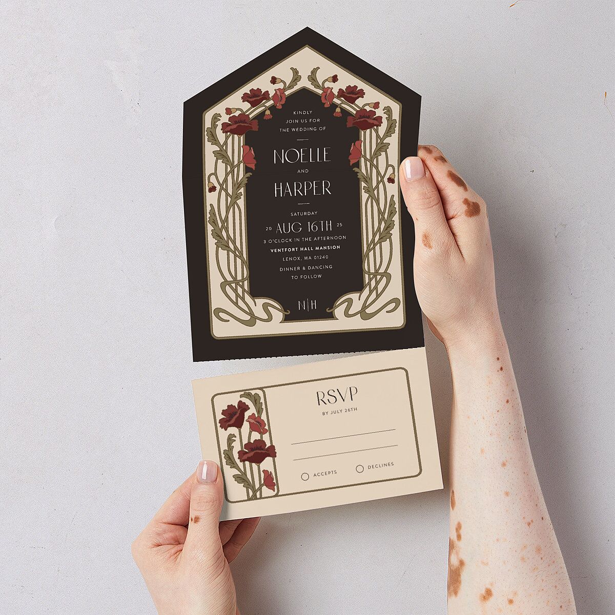 Vintage Nouveau Floral All-in-One Wedding Invitations Merlot Signature Light Both Recipient and Return Addresses No
