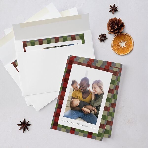 Plaid Window Holiday Cards Rust Signature Blank Standard Portrait
