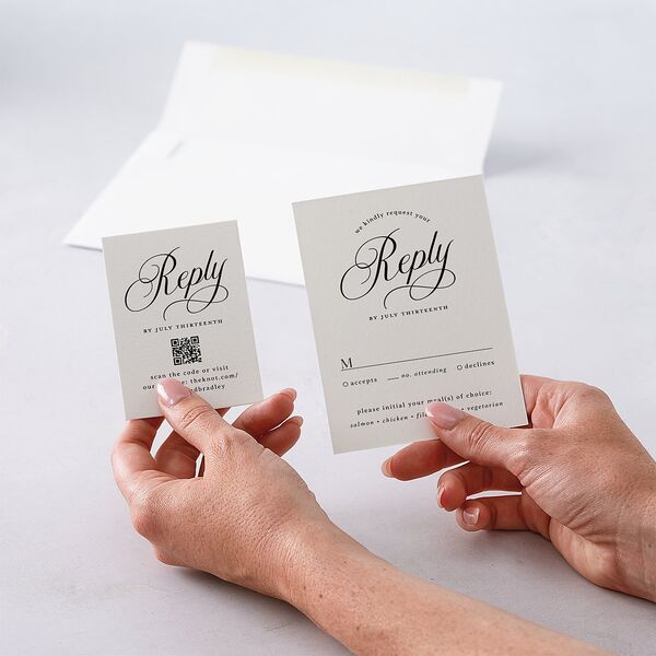 Elegant Hollywood Calligraphy QR Code RSVP Cards Linen Signature Standard
