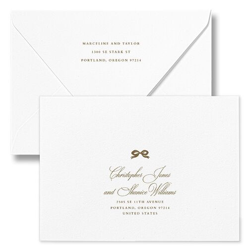 Classic Champagne with Bows Save The Date Card Euro Envelopes White Gold Both Recipient and Return Addresses Luxe Signature