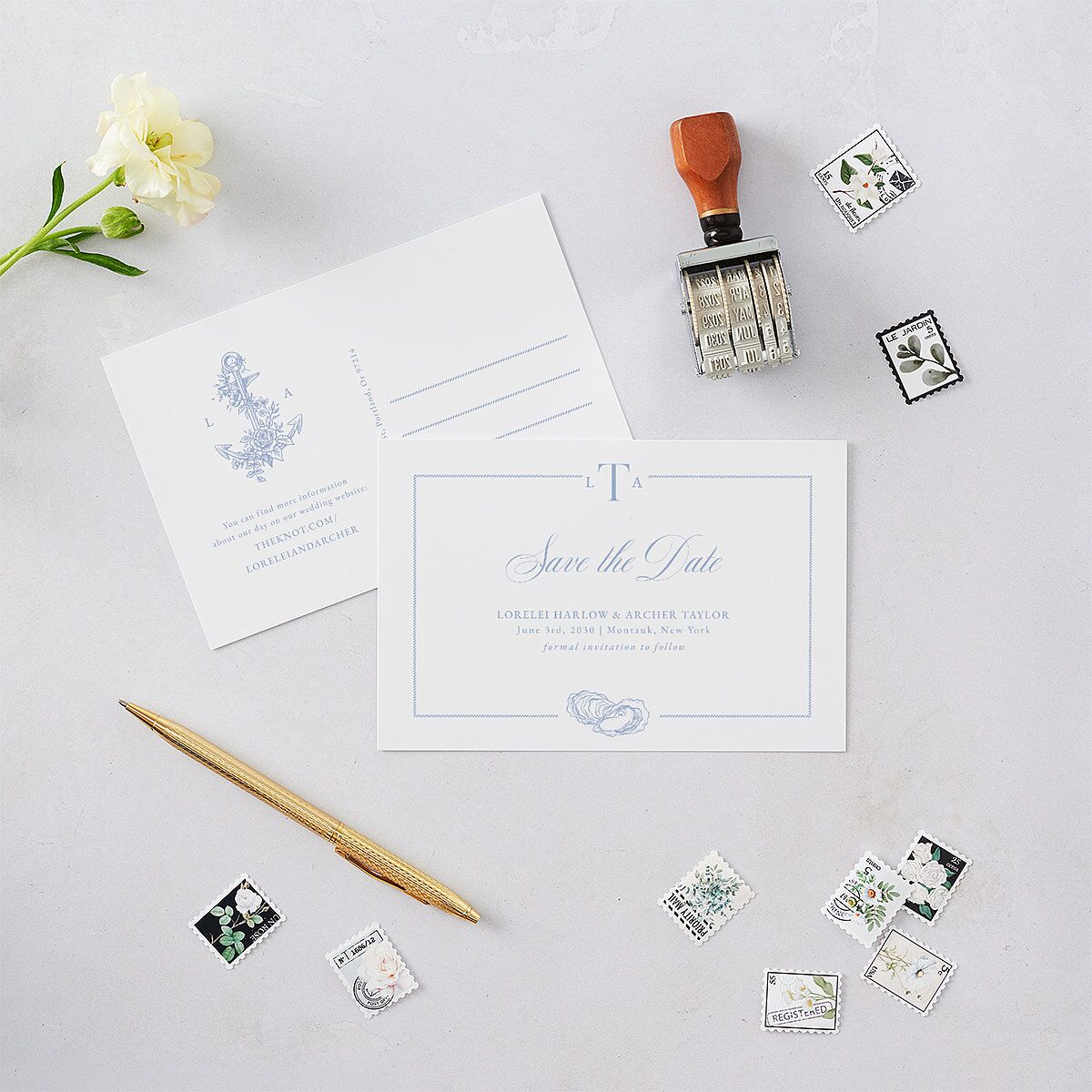 Coastal Oysters and Anchors Save the Date Postcards Sea Blue