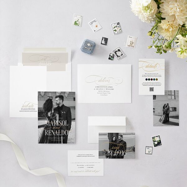 Polished Photo Foil Wedding Invitations Pure White Gold Signature Blank Standard No