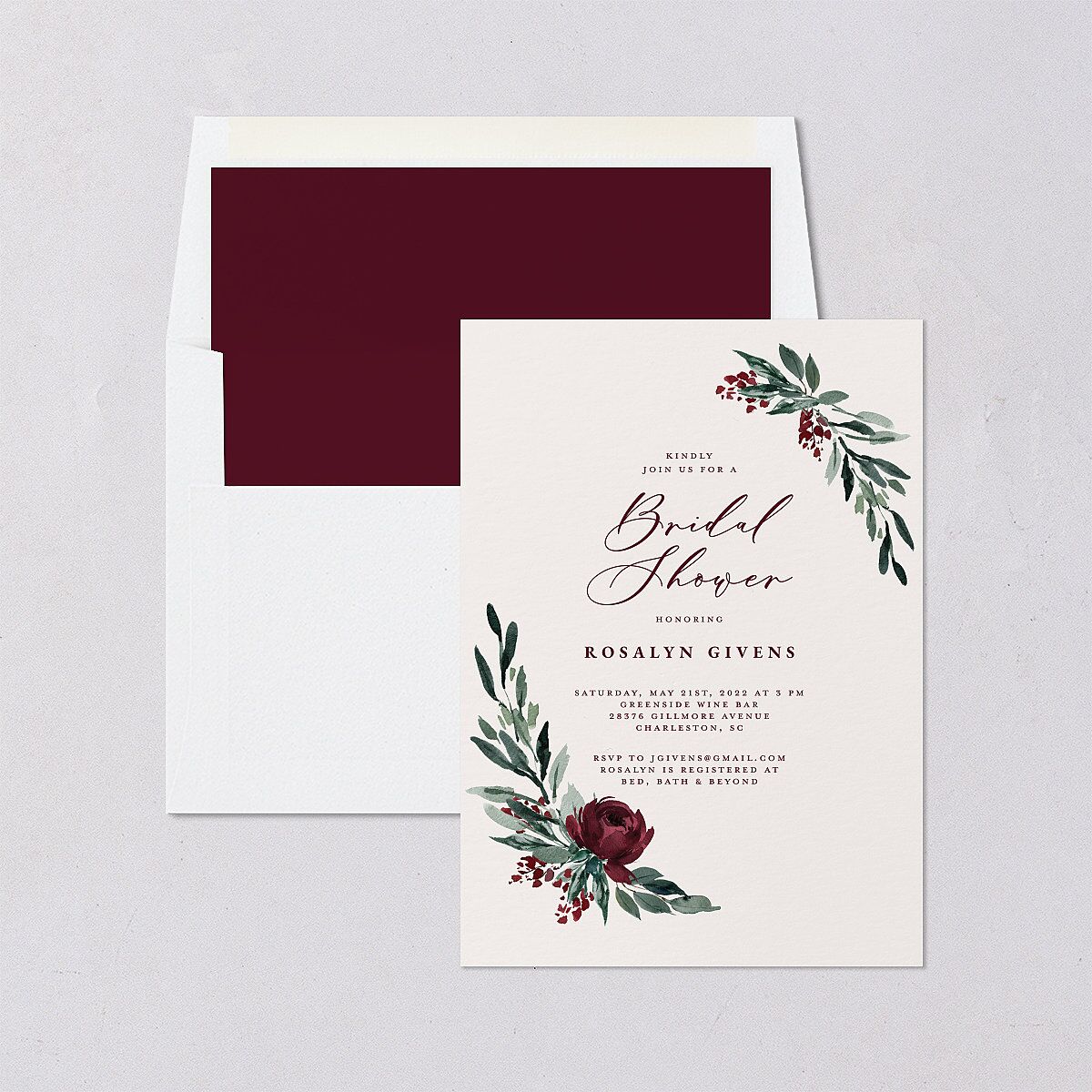 Gilded Botanical Bridal Shower invitations Burgundy Signature Blank Standard