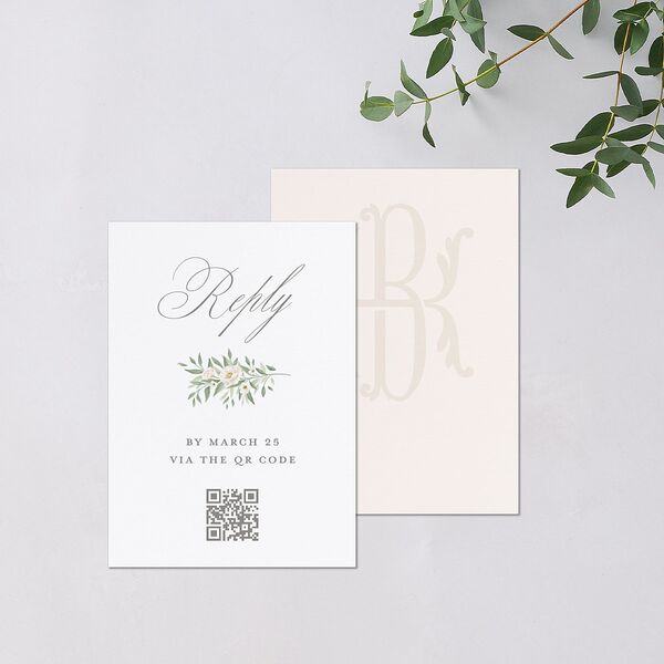 Luxury Floral Monogram QR Code RSVP Cards Cotton Signature Standard