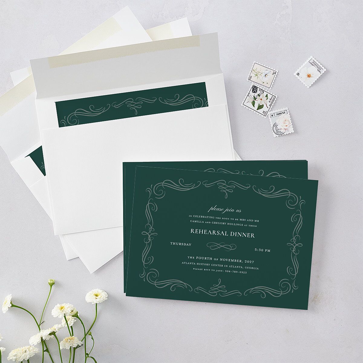 Antique Fairytale Rehearsal Dinner Invitations Dark Emerald Signature Blank Standard