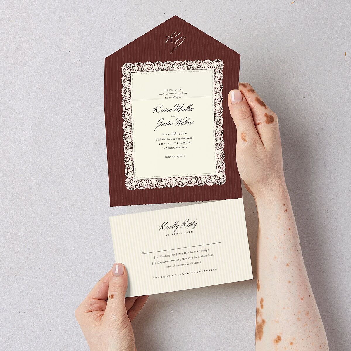 Vintage Lace All-in-One Wedding Invitations Burgundy Signature Light Both Recipient and Return Addresses No