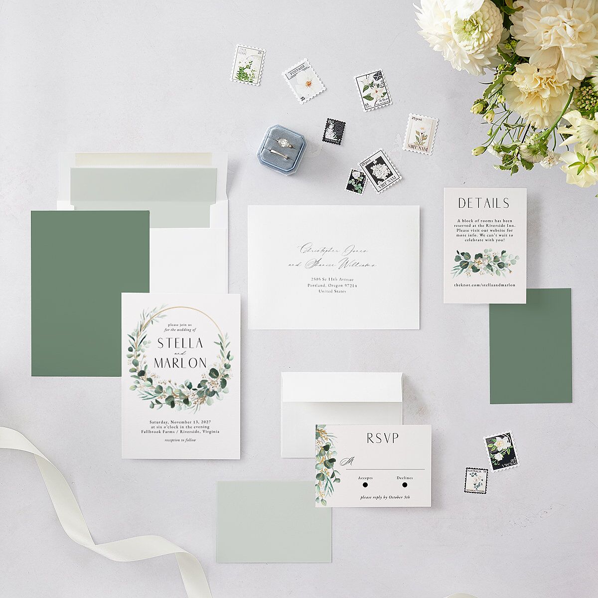 Timeless Floral Hoop Foil Wedding Invitations Gold Pure White Signature Blank No Standard