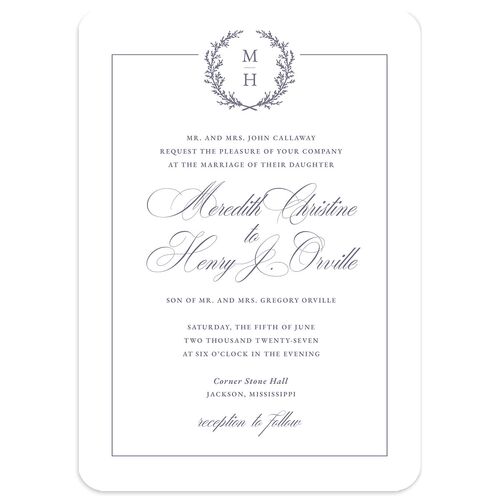 Monogram Branches Wedding Invitations Regency Blue Signature Blank No Rounded