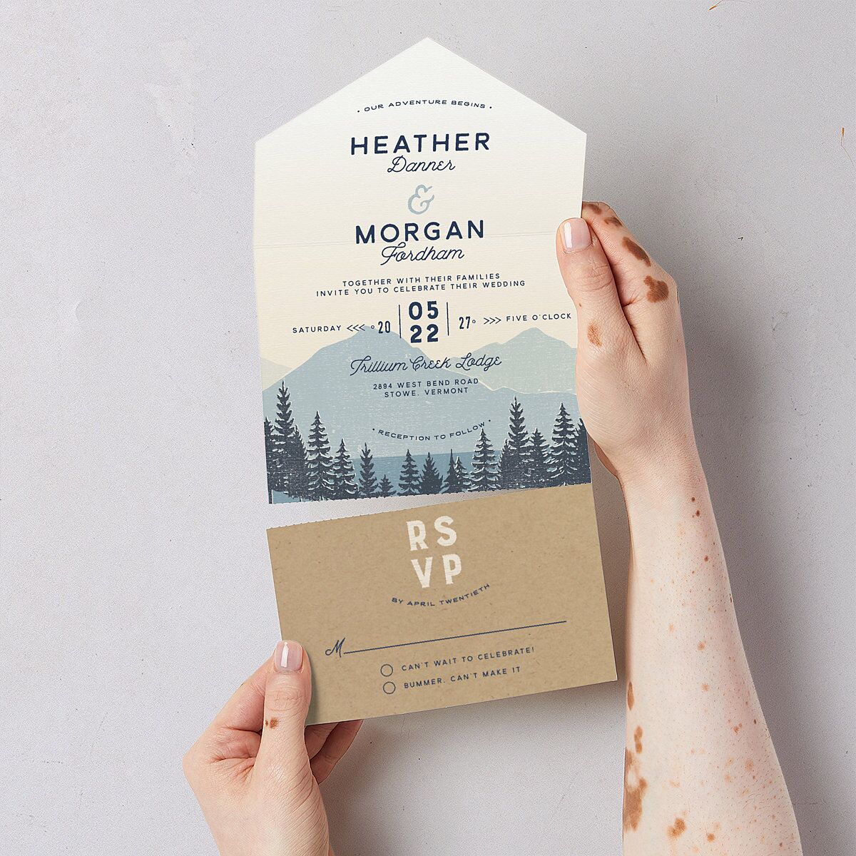 Vintage Mountain All-in-One Wedding Invitations Dusty Blue Signature Light Both Recipient and Return Addresses No