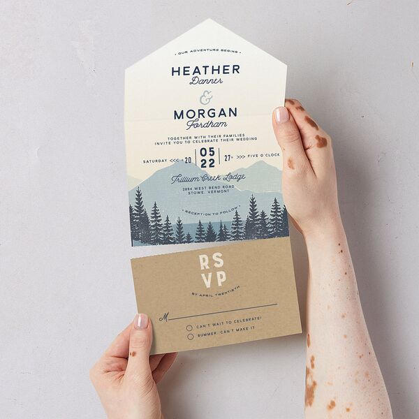 Vintage Mountain All-in-One Wedding Invitations Dusty Blue Signature Light Both Recipient and Return Addresses No