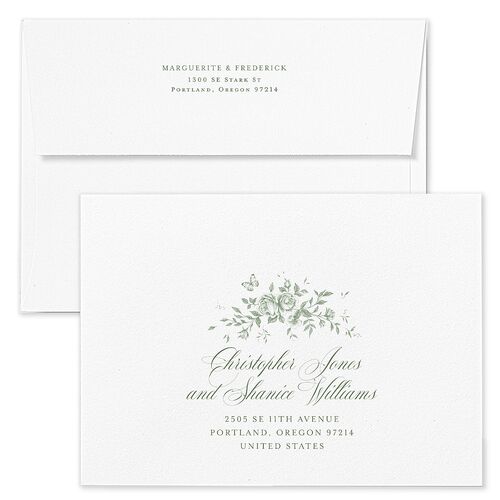 Elegant Rose Crest Rehearsal Dinner Invitation Envelopes White Standard Deep Olive Both Recipient and Return Addresses Signature