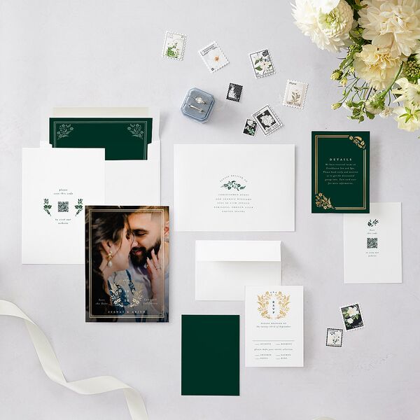 Rustic Kingdom Save the Date Cards Gold Dark Green Signature smooth Blank No Standard