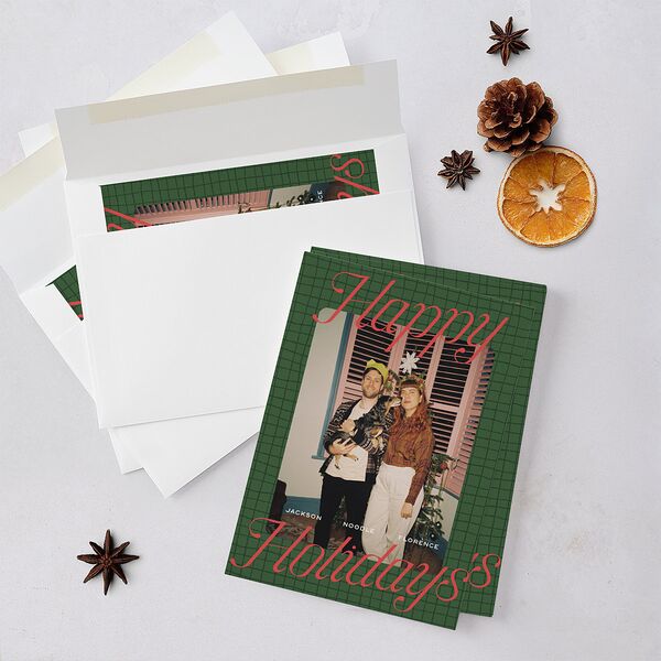 Happy Holidays Grid Pattern Photo Holiday Cards Hunter Green Signature Blank Standard